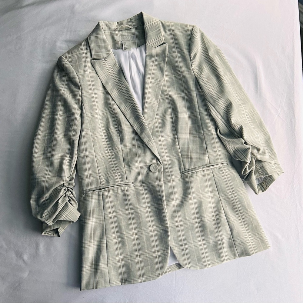 H&M Plaid Women Blazer with Ruched Sleeves